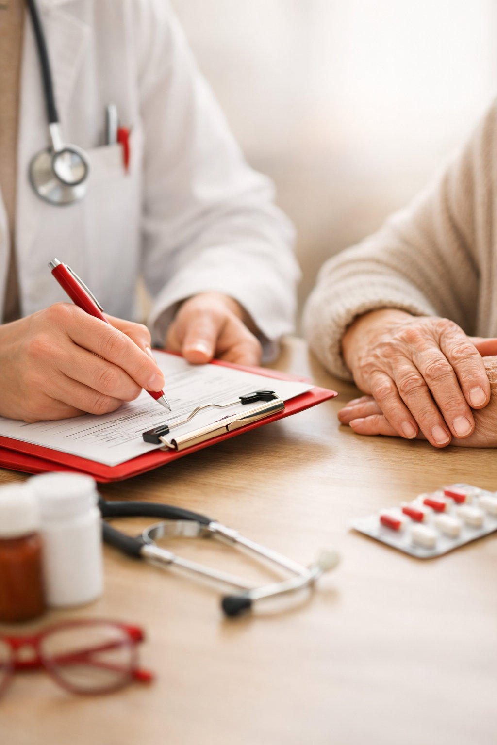 SO in Consult specialist ouderengeneeskunde professional providing compassionate medical care consultation with elderly patient at home